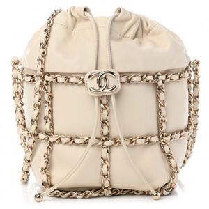 Lambskin Bucket Chain Drawstring Bag Beige